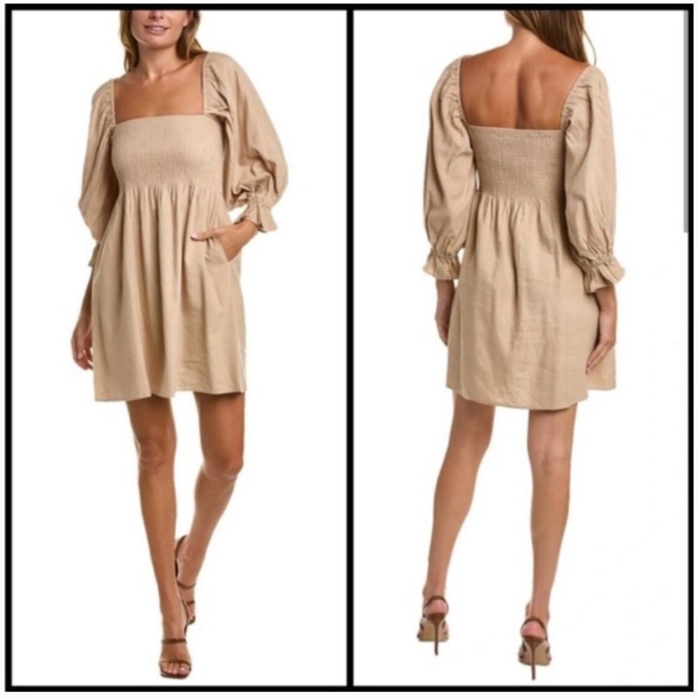 Anthropologie x Kourt Portia Smocked Linen Dress M Milkmaid Cottagecore Coquette - Picture 3 of 11